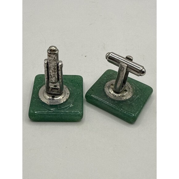 Vintage Green Resin Cufflinks Square Design Mens Jewelry Silver-Tone Backing - Picture 5 of 6